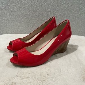 Cole Haan Red Patent Peep-Toe Wedge Pumps